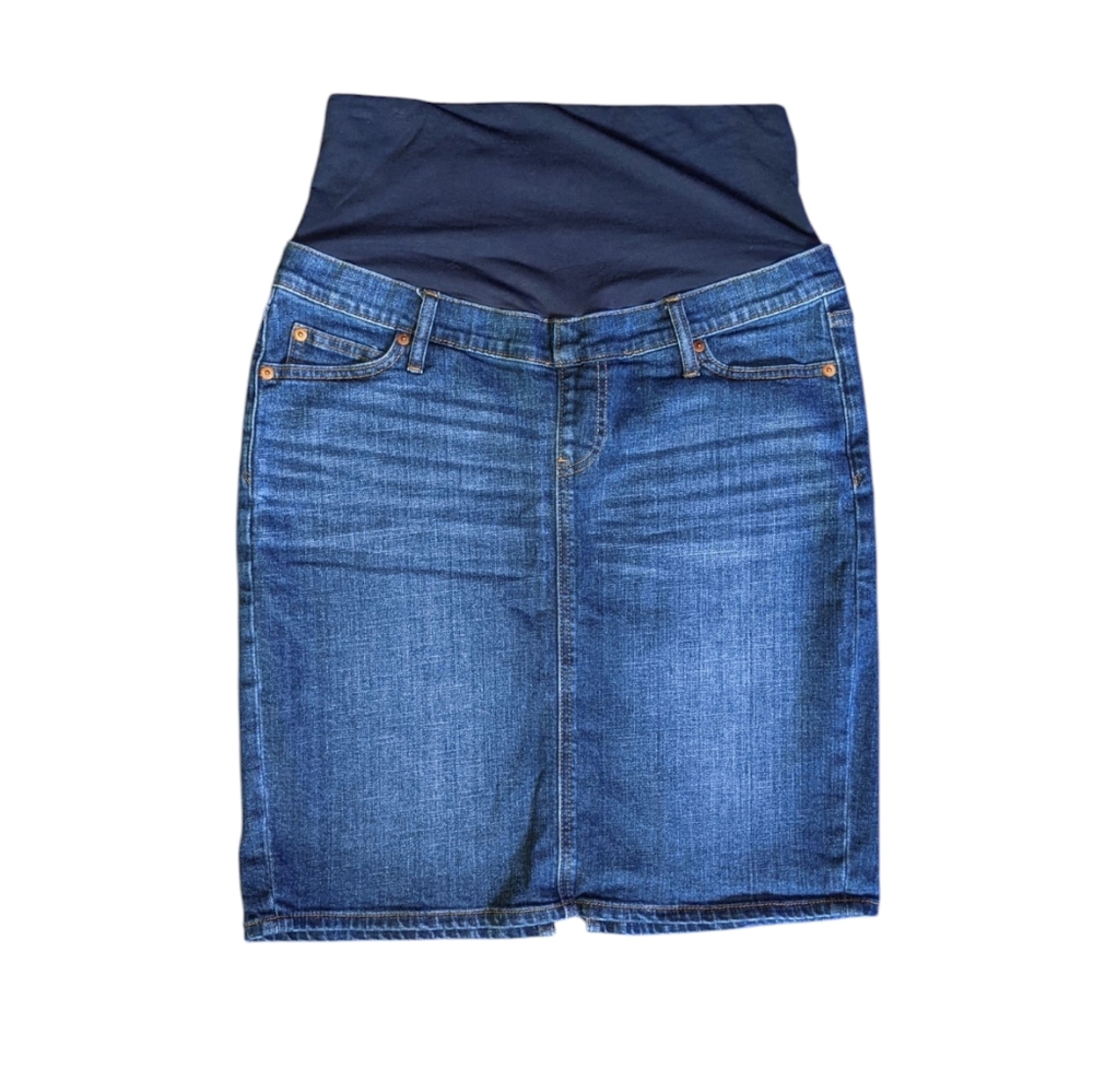 GAP Maternity Midi Classic Denim Skirt Dark Wash Back Slit Size 6